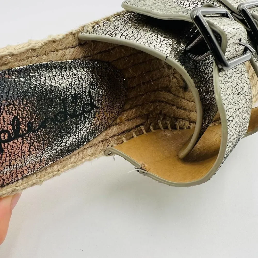 Splendid Blake Buckle Slide Nickel Metallic Crackle Leather Espadrilles  Size 7